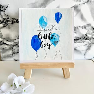 Willkommen Baby Junge Karte – Handgemachte Geburtskarte „Welcome Little Boy“ – Aquarell Ballons – Junge Geburt – Grußkarte zur Geburt