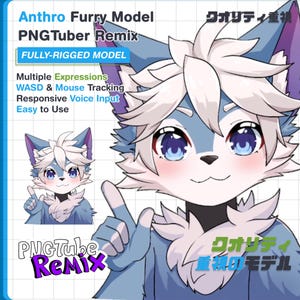 May include: Anthro Furry Model PNGTuber Remix illustration. A blue and white cartoon wolf character with large blue eyes and a friendly expression. Text includes "FULLY-RIGGED MODEL" and "Multiple Expressions". The PNGTube Remix logo is also visible.