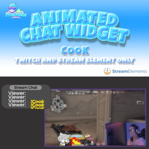 Può includere: Widget di chat Twitch animato con un gatto dei cartoni animati che cucina in una pentola. Il testo "!Cook" appare nella finestra di chat. Il widget è progettato per gli streamer e include il testo "Animated Chat Widget Cook Twitch and Stream Element Only".