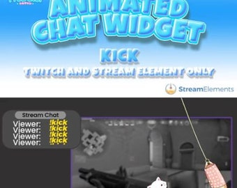 Könnte beinhalten: Animiertes Twitch-Chat-Widget mit einer Cartoon-Katze, die an einer Schnur hängt. Die Katze hält ein rosa-weißes Objekt. Das Chat-Widget zeigt das Wort "kick" in gelbem Text.