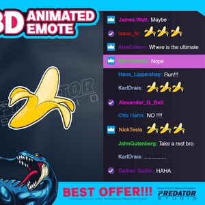 Banane 3D animiertes Emote, Emotes, animierte Emotes, Emote-Beauftragung, lustige Emotes, Chibi-Emotes, Cartoon-Emote, Frucht-Emote, Bananen-Emote
