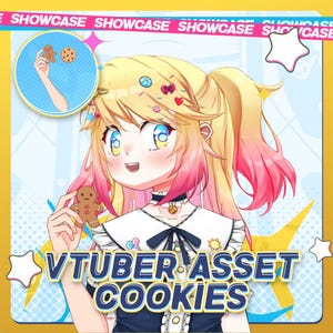May include: An anime-style illustration of a character holding a gingerbread man cookie. The image features the text "VTUBER ASSET COOKIES" in a blue and yellow design, with the word "SHOWCASE" repeated across the top.