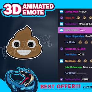 May include: A 3D animated poop emoji with a smiling face. The emoji is brown with white eyes and a white mouth. The image also includes a blue dinosaur with sharp teeth and claws. The text "3D ANIMATED EMOTE" is at the top of the image. The text "BEST OFFER!!!" is at the bottom of the image. The text "PREDATOR STUDIO" is in the bottom right corner of the image.