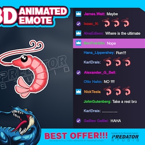 3D-geanimeerde emote, game-emote, onenigheid-emotes, kick-emote, cartoon-emotes, twitch-emote, schattige emotes - garnalen 3D-emote