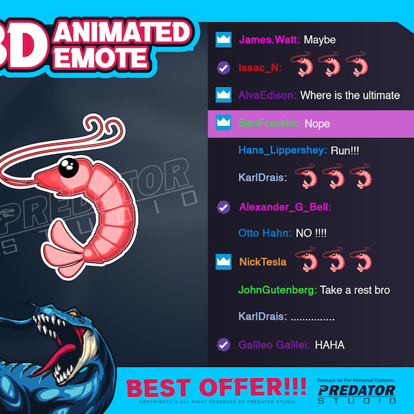 3D Animated Emote, Game Emote, Discord Emotes, Kick Emote, Cartoon Emotes, Twitch Emote, Cute Emotes - Shrimp 3D Emote