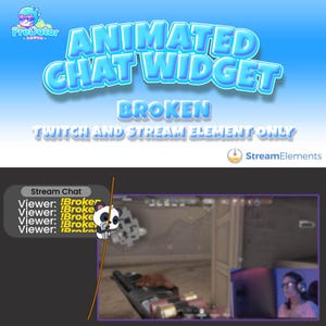Op de afbeelding: Geanimeerd chatwidget voor Twitch en stream-elementen. Het widget is kapot en heeft een pandabeer-personage dat op een stok klimt. De tekst "!Broke" wordt herhaald in de chat.