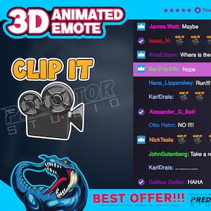 Puede incluir: Una ilustración digital de un emoticono animado en 3D con el texto "CLIP IT" en letras blancas grandes. El emoticono es una cámara de video de estilo de dibujos animados con una luz roja en el lateral. El fondo es azul oscuro con un borde azul claro. La imagen también incluye una lista de nombres y comentarios, incluyendo "James.Watt: Maybe", "Isaac_N: CLIP IT", "Alva Edison: Where is the ultimate", "BenFranklin: Nope", "Hans_Lippershey: Run!!!", "KarlDrais: CLIP IT", "Alexander_G_Bell:", "Otto Hahn: NO!!!", "Nick Tesla: CLIP IT", "JohnGutenberg: Take a rest bro", "KarlDrais: ...", "Galileo Galilei: HAHA". La imagen también incluye el texto "BEST OFFER!!!" y "PREDATOR STUDIO".