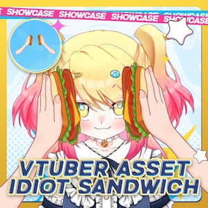 Könnte beinhalten: Ein Cartoon-Bild mit einer Figur mit blonden Haaren und rosa Highlights, die zwei sandwichförmige Objekte vor ihrem Gesicht hält. Der Text "VTUBER ASSET IDIOT SANDWICH" wird unten angezeigt, mit "SHOWCASE" oben.