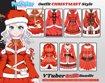 Avatar de Noël Live2D : modèle festif Vtuber, entièrement équipé avec 7 tenues, coiffures et expressions de Noël