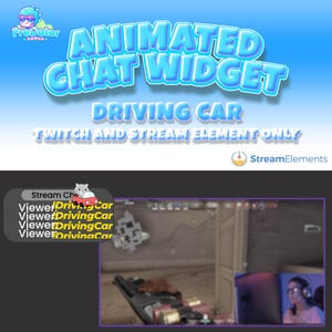 以下が含まれることがあります： Twitchとストリーム要素用のアニメーションチャットウィジェット。ウィジェットには、画面を横切るカートゥーンカーが表示されます。テキスト「Driving Car」は青と白で表示されます。テキスト「Twitch and Stream Element Only」は白で表示されます。テキスト「Stream Elements」は、ロケットのアイコン付きで白で表示されます。