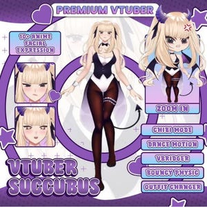 May include: A digital illustration of a female anime character with blonde hair and devil horns. She is wearing a black and white bunny costume and black stockings. The image includes text that says "Premium VTuber", "VTuber Succubus", "10+ Anime Facial Expression", "Zoom In", "Chibi Mode", "Dance Motion", "Vbridger", "Bouncy Physic", and "Outfit Changer".