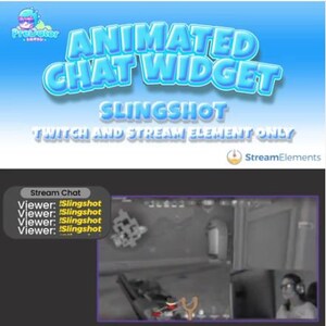 Puede incluir: Widget de chat animado para Twitch y elementos de transmisión llamados "Slingshot". El widget es azul y blanco con un personaje de dibujos animados. El texto "Stream Chat" se muestra con una lista de espectadores con el nombre "Slingshot".