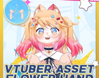 Puede incluir: Ilustración digital de un personaje de dibujos animados con cabello rubio, reflejos rosados y ojos azules. El personaje extiende las manos, con el texto "VTUBER ASSET FLOWER HAND" en la parte inferior. El fondo es amarillo y azul.