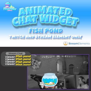 Könnte beinhalten: Animiertes Chat-Widget für Twitch und Streaming, mit einem Fischteich mit einer Cartoon-Katze und einem Fisch. Der Text "Fish Pond" wird in blauen Buchstaben auf hellblauem Hintergrund angezeigt. Der Text "Animated Chat Widget" wird in blauen Buchstaben auf hellblauem Hintergrund angezeigt. Der Text "Twitch and Stream Element Only" wird in weißen Buchstaben auf hellblauem Hintergrund angezeigt. Der Text "Stream Elements" wird in weißen Buchstaben auf hellblauem Hintergrund angezeigt.