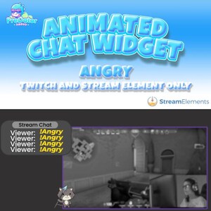 May include: Animated chat widget for Twitch and stream elements. The widget is blue and white with the text "ANIMATED CHAT WIDGET" and "ANGRY" in bold, yellow letters. The widget is set against a light blue background. The text "Stream Chat" is displayed in a black box with a white border. The text "Viewer: !Angry" is repeated four times in a yellow box with a black border.