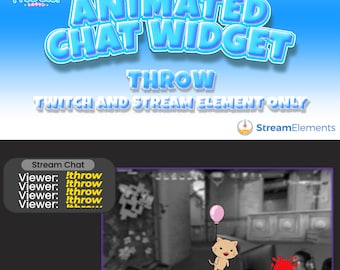 Può includere: Widget di chat Twitch animato con un gatto dei cartoni animati che tiene un palloncino rosa. Il gatto galleggia in una scena di videogioco in bianco e nero. Il widget di chat mostra il testo "!throw" ripetuto nella chat.