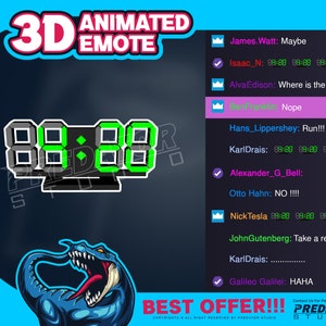 May include: A digital clock with a green display showing 88:88. The clock is on a black stand. The image also includes a cartoon dinosaur with a green tongue and a blue body. The text "3D ANIMATED EMOTE" is at the top of the image. The text "BEST OFFER!!!" is at the bottom of the image. The text "PREDATOR STUDIO" is at the bottom right of the image.