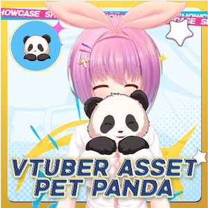 May include: An illustration of a person with pink hair and bunny ears holding a panda plush. The panda has black and white fur. The text "VTUBER ASSET PET PANDA" is displayed in a blue and yellow banner.