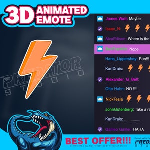 May include: A blue and orange 3D animated emote with a lightning bolt design. The emote is set against a dark blue background with the text "PREDATOR STUDIO" in white. The text "BEST OFFER!!!" is in white on a blue background. The image also includes a list of names and comments, including "James.Watt: Maybe", "Isaac_N: 444", "Alva Edison: Where is the ultimate", "BenFranklin: Nope", "Hans_Lippershey: Run!!!", "KarlDrais: 444", "Alexander_G_Bell:", "Otto Hahn: NO!!!", "Nick Tesla", "JohnGutenberg: Take a rest bro", "KarlDrais: ...", "Galileo Galilei: HAHA".