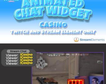 May include: A blue and white animated chat widget for Twitch and streaming. The widget is designed to look like a casino slot machine with the text "Casino" in large, bold letters. The widget is also animated with flashing lights and sounds. The text "Stream Chat" is displayed in a black box with white text. The chat box shows the text "Viewer: !Casino" repeated four times.