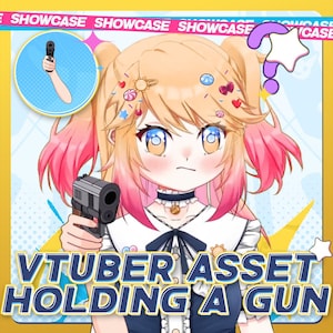 May include: A digital illustration of a cartoon character with blonde hair and pink highlights, holding a black handgun. The image includes the text "VTUBER ASSET HOLDING A GUN" in a blue and yellow banner.