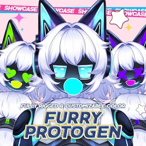 May include: A digital art image featuring multiple Furry Protogen characters with white fur and black visors. The visors display various eye designs and colors. Text includes "FULLY RIGGED & CUSTOMIZABLE COLOR" and "FURRY PROTOGEN".