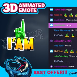 Peut inclure: Un émoji animé en 3D avec le texte "I'AM" en lettres jaunes. L'émoji est une main verte avec un index levé. L'arrière-plan est bleu foncé avec une forme incurvée bleu et blanc en bas. Le texte "BEST OFFER!!!" est en lettres blanches sur fond bleu. Le texte "PREDATOR STUDIO" est en lettres blanches sur fond noir.