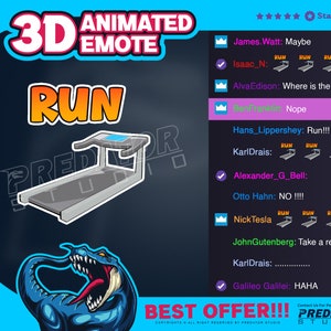 May include: A 3D animated emote of a treadmill with the word "RUN" in orange text above it. The emote is set against a blue and black background with the text "PREDATOR STUDIO" in white text at the bottom. The image also includes a series of comments from different users, each with a different opinion on the emote.