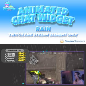 May include: Animated chat widget for Twitch and streaming, featuring a cartoon cat holding an umbrella in a rainy scene. The chat window shows viewers typing "!Rain".