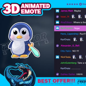 Puede incluir: Un personaje de dibujos animados de pingüino azul sosteniendo una espada azul. El pingüino lleva un sombrero azul y blanco. El fondo es azul oscuro con el texto "3D ANIMATED EMOTE" en blanco. El texto "BEST OFFER!!!" está en blanco sobre un fondo azul. El texto "PREDATOR STUDIO" está en blanco sobre un fondo negro.