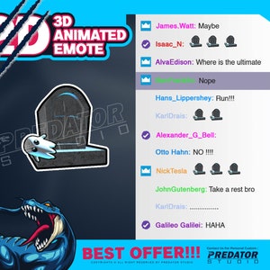 Pode incluir: Um emoji animado em 3D de um fantasma pairando sobre uma lápide com o texto "PREDATOR STUDIO" nela. O emoji faz parte de uma imagem maior com um fundo azul e ciano e texto que diz "3D ANIMATED EMOTE" e "BEST OFFER!!!".