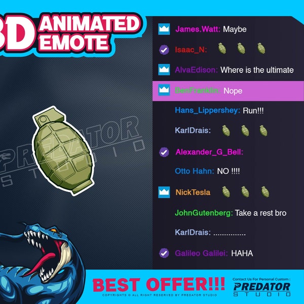 Grenade 3D Animated Emote, Emotes, Twitch Emote Pack, Kick Emote, Emote Commission, Twitch Emotes Chibi, Cartoon Emotes, Funny Emotes