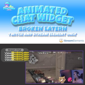 Könnte beinhalten: Animiertes Chat-Widget für Twitch und Stream-Elemente. Das Widget ist blau und gelb mit dem Text "Animated Chat Widget" und "Broken Latern" in großen, fetten Buchstaben. Der Text "Twitch and Stream Element Only" befindet sich unter dem Titel. Das Widget ist für die Verwendung in einem Stream zur Anzeige von Chat-Nachrichten konzipiert.