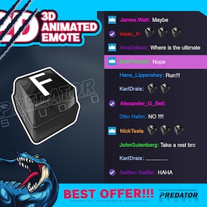 以下が含まれることがあります： 白黒のキーボードキーのデザインで、文字Fの3Dアニメーションエモート。エモートは「Predator Studio」とラベル付けされており、アニメーションエモートのコレクションの一部です。画像には、「Maybe」、「Run!!!」、「Take a rest bro」、「HAHA」など、名前とコメントのリストも含まれています。