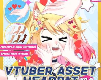 May include: A digital illustration of a blonde anime character receiving head pats from multiple hands, featuring the text VTUBER ASSET HEADPAT V2.0, MULTIPLE SKIN OPTIONS, and SMOOTHER PHYSIC, decorated with red hearts and small hair accessories.