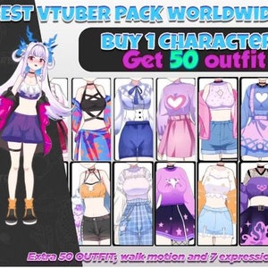 May include: A promotional image for a VTuber pack. The image features a cartoon character with long white hair and multiple outfit options. Text includes "BEST VTUBER PACK WORLDWIDE" and "BUY 1 CHARACTER Get 50 outfit".