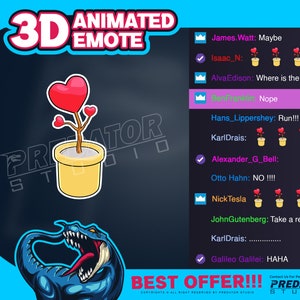 May include: A 3D animated emote featuring a heart-shaped plant in a yellow pot. The image includes the text "3D Animated Emote" and a blue dragon illustration. Additional text includes user comments and "BEST OFFER!!!".