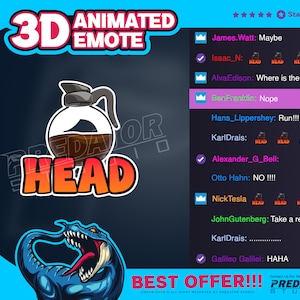 May include: A digital graphic featuring a coffee pot with the word "HEAD" below it, designed as a 3D animated emote. The background is dark blue with a stylized dragon and chat bubbles.