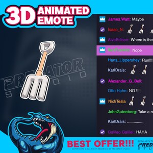 Könnte beinhalten: Ein 3D-animiertes Emoji einer weißen Gartenschaufel mit braunem Stiel. Das Emoji ist mit "3D Animated Emote" beschriftet und von einem blauen und schwarzen Hintergrund mit einer Dinosauriergrafik umgeben. Der Text "Best Offer!!!" wird am unteren Rand des Bildes angezeigt.