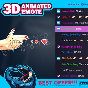 Peut inclure: Graphique numérique avec une main aux ongles rouges en forme de pistolet, accompagnée de trois cœurs rouges. Le texte "3D ANIMATED EMOTE" est affiché en haut. Un graphique de dragon bleu est en bas.