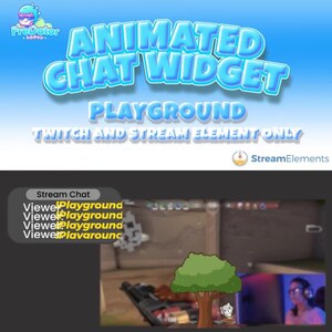 May include: Animated chat widget for Twitch and stream elements, with the text "Playground" in blue and yellow. The image shows a preview of the widget in action, with a chat window displaying the text "Viewer Playground" in yellow.