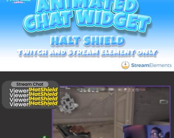 May include: A blue and white animated chat widget with the text "ANIMATED CHAT WIDGET" and "HALT SHIELD" in a bold, white font. The text "TWITCH AND STREAM ELEMENT ONLY" is in a smaller, white font. The widget is designed for use on Twitch and other streaming platforms.
