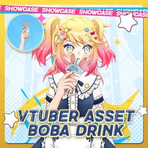 Puede incluir: Ilustración de estilo anime de un personaje con cabello rubio y rosa, sosteniendo una bebida boba. La taza de la bebida tiene orejas de conejo en la tapa. El texto "VTUBER ASSET BOBA DRINK" se muestra en una pancarta amarilla.