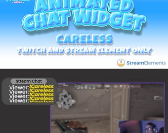 Könnte beinhalten: Ein blaues und weißes animiertes Chat-Widget mit dem Text "ANIMATED CHAT WIDGET" und "CARELESS" in fetter, weißer Schrift. Der Text "TWITCH AND STREAM ELEMENT ONLY" ist in kleinerer, weißer Schrift. Das Widget ist für die Verwendung auf Twitch und anderen Streaming-Plattformen konzipiert.