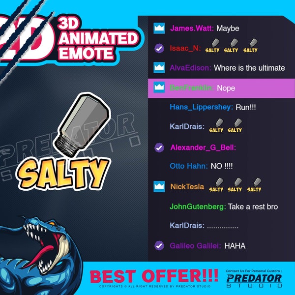 Emote animée 3D Salty| Salière animée, commission d'émoticônes, émoticône coup de pied, émoticône salée, émoticônes SMS, pack d'émoticônes Twitch, émoticônes Twitch