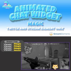 May include: Animated chat widget for Twitch and stream elements. The widget is blue and white with the text "Animated Chat Widget" and "Magic". The widget is displayed over a black and white image of a video game.