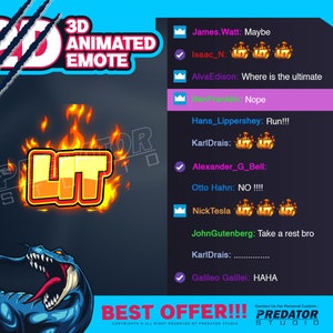 LIT 3D geanimeerde tekst-emote, Twitch-emote, cartoon-emote, stream-emotes, geanimeerde emotes, game-emote, tekst-emotes, onenigheid-emote, kick-emotes