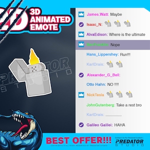 Op de afbeelding: Een digitale illustratie van een blauwe dinosaurus met een brandende aansteker ervoor. De tekst "3D ANIMATED EMOTE" staat bovenaan de afbeelding. De tekst "BEST OFFER!!!" staat onderaan de afbeelding. De tekst "Contact Us For Personal Customs PREDATOR STUDIO" staat in de rechterbenedenhoek van de afbeelding.
