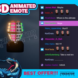 Op de afbeelding: Een 3D-geanimeerde emote met een veelkleurig lichtdisplay. De emote is een bol met een zwarte basis. De tekst "3D ANIMATED EMOTE" staat bovenaan de afbeelding. De tekst "BEST OFFER!!!" staat onderaan de afbeelding. De tekst "Contact Us For Personal Customs PREDATOR STUDIO" staat in de rechterbenedenhoek van de afbeelding.