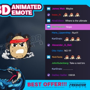 May include: A 3D animated emote of a cartoon potato with a red bandana and angry expression. The emote is surrounded by smoke and the text "PREDATOR STUDIO" is visible in the background. The text "BEST OFFER!!!" is also visible in the image.